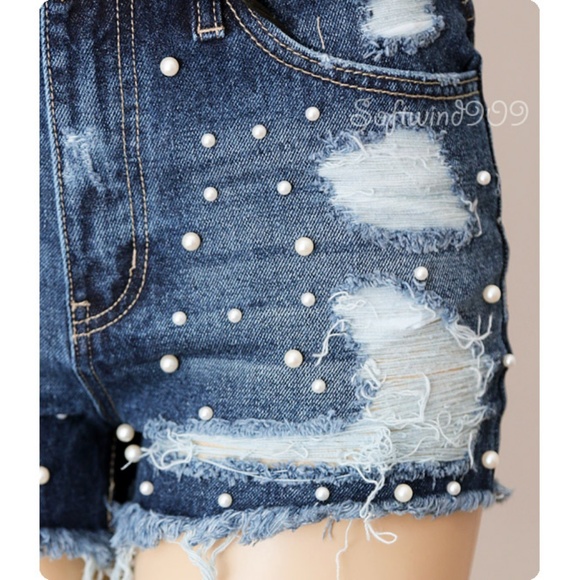 Last☝️Blue Pearl Distressed Fray High Waist Shorts - Picture 7 of 8